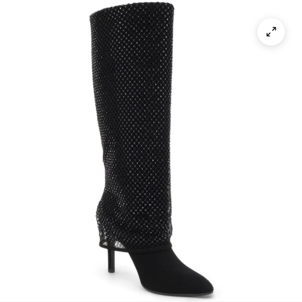 👢👢Elegant Black Rhinestone Knee-High Boots